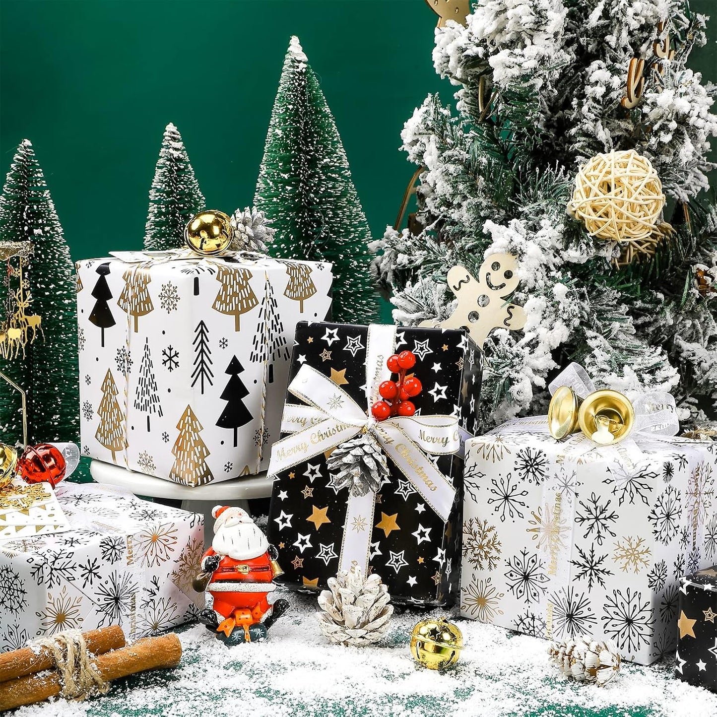 MAYPLUSS Wrapping Paper Roll - Mini 17" x 120" - 3 Elegant Black Gold Christmas Designs