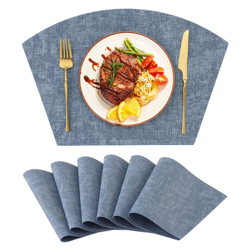 Homaxy Round Table Placemats Set of 6, Washable Wedge Shaped Faux Leather Table Mats, Wipeable Kitchen Dinner Place Mats for Indoor Outdoor, Blue