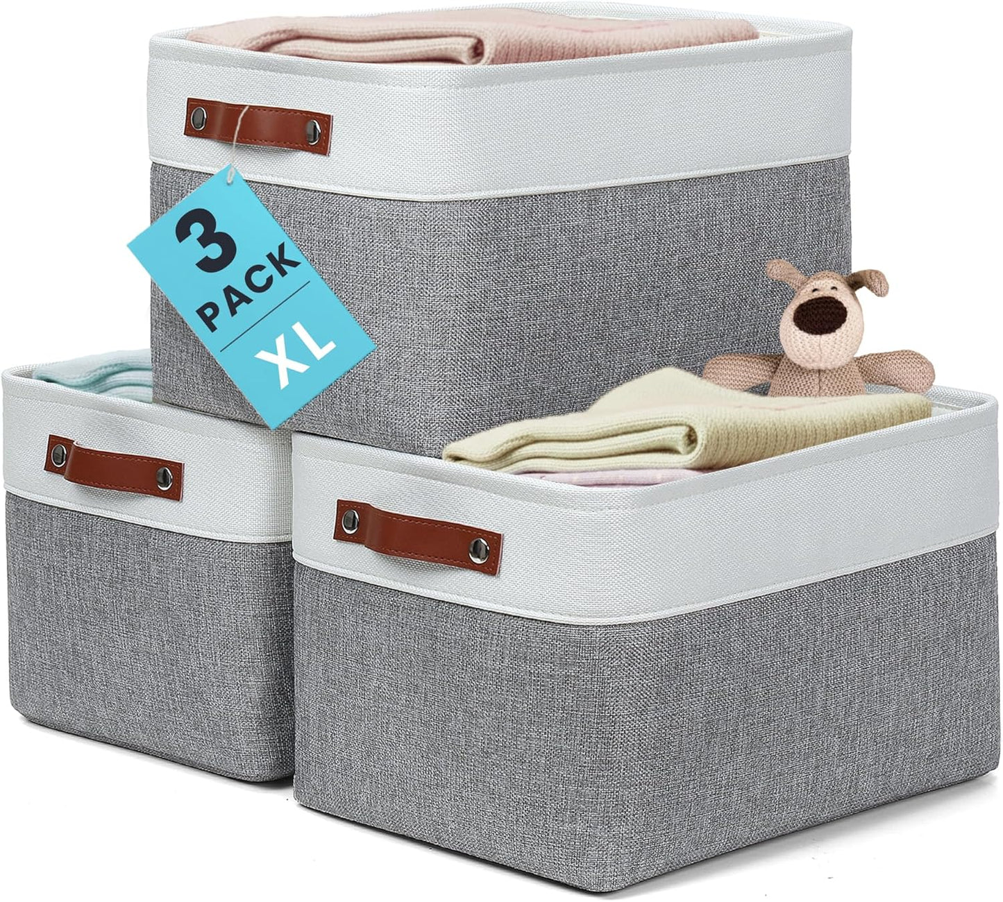 OrganiHaus Extra Large Fabric Storage Baskets - 3 Pack Canvas Organizers for Closets | 16x13in Gray/Off-White
