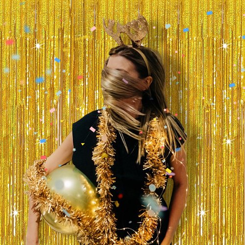 3 Pack Gold Foil Tinsel Backdrop Curtain Birthday Decorations Streamers for Dance Party Photo Booth Props Bachelorette Christmas Halloween New Years Eve Party Supplies