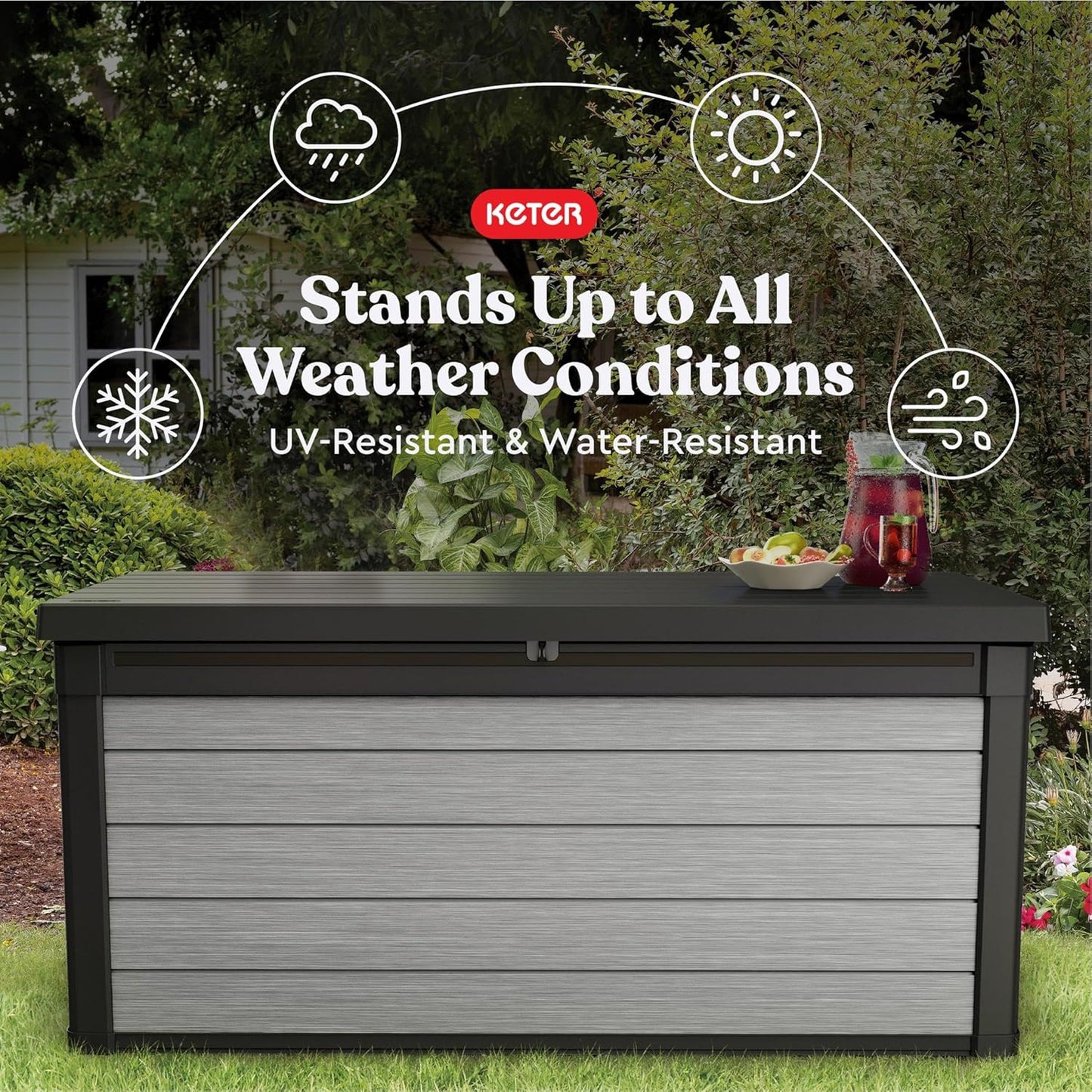 Keter Denali 150 Gallon Resin Deck Box - Durable Double Wall Design for Outdoor Storage | Grey & Black