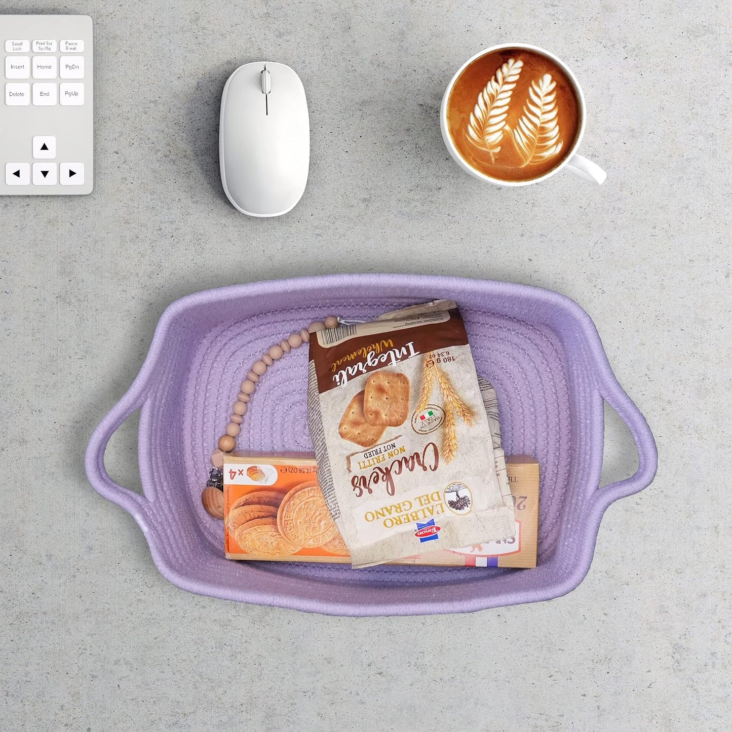 XUANGUO Woven Cotton Rope Storage Basket - Decorative Rectangle Toy Bin with Handles | Light Purple