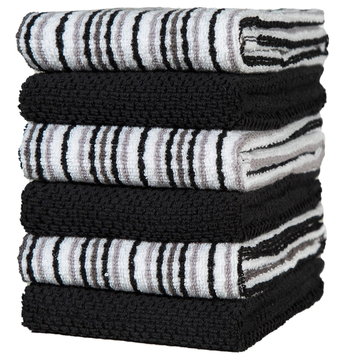 Popcorn Stripe Cotton Kitchen Towels - 6 Pack | 16'x26' | Highly Absorbent 400 GSM | Black