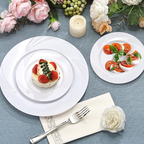Elegant 350-Piece White Swirls Plastic Dinnerware Set by [Brand Name] | Perfect for 50 Guests, Weddings & Parties