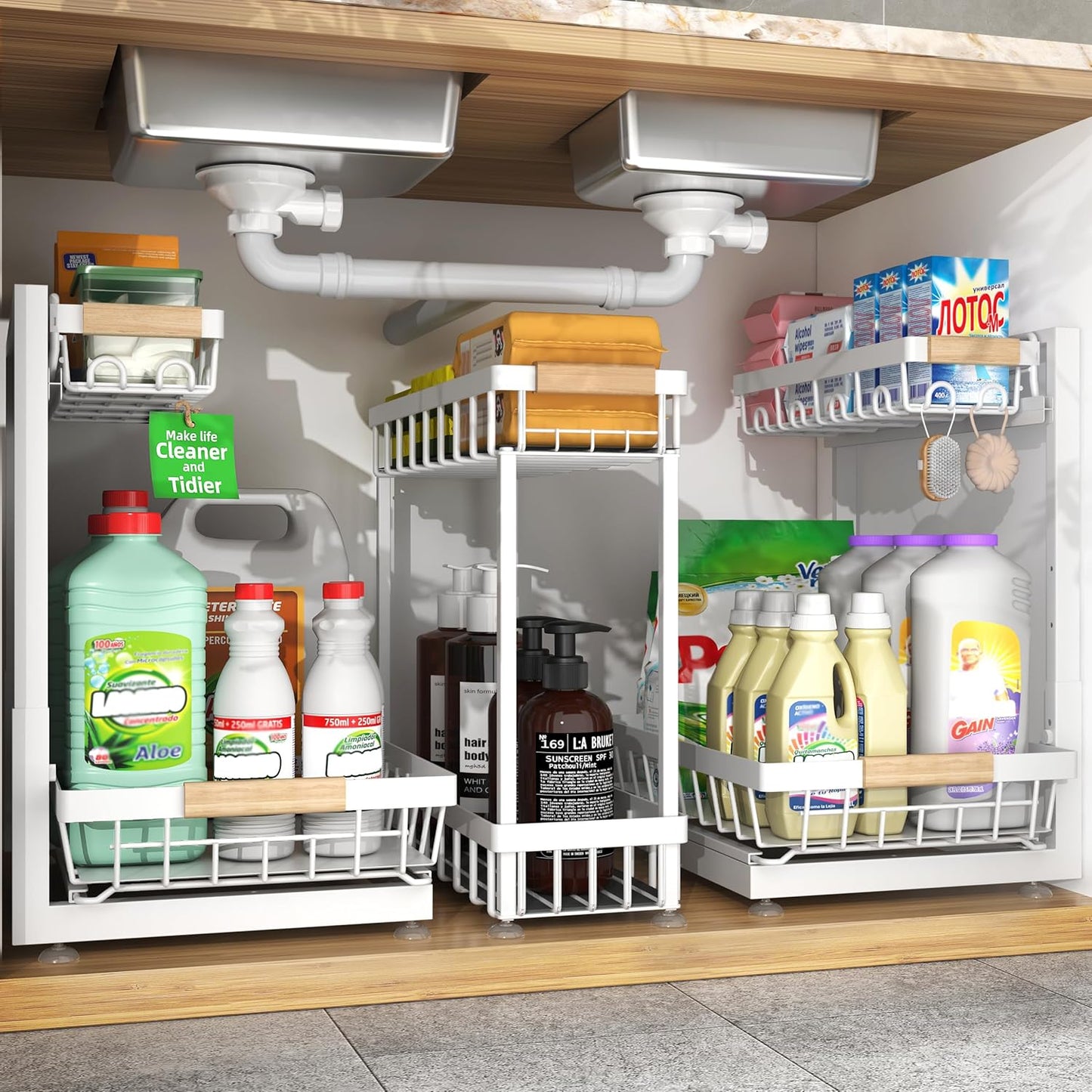 Sevenblue Under Sink Organizer - Multi-Purpose 2-Tier Pull-Out Storage Shelves | Height Adjustable (White)