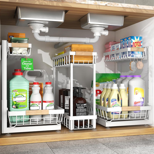 Sevenblue Under Sink Organizer - Multi-Purpose 2-Tier Pull-Out Storage Shelves | Height Adjustable (White)