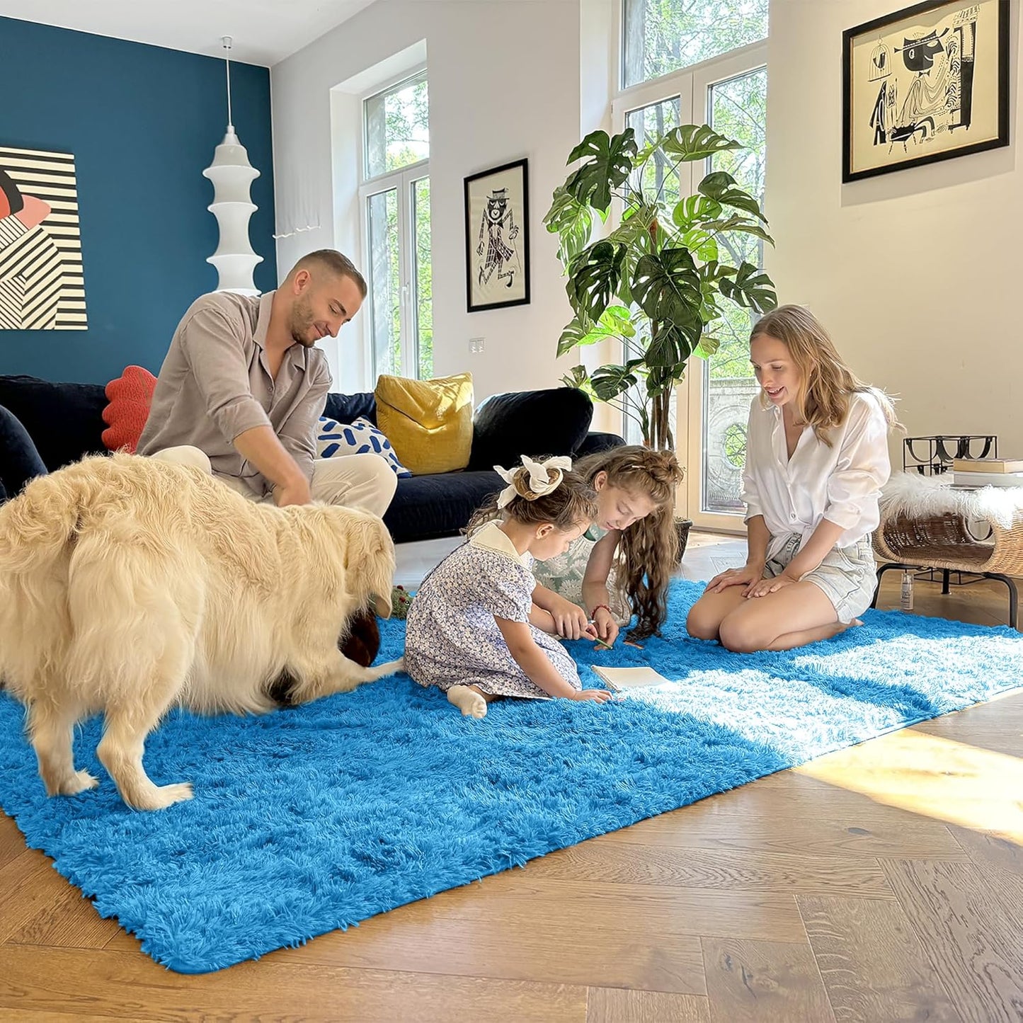 OLANLY Small Bedside Rug - Soft Fluffy Shaggy Indoor Carpet for Bedroom & Living Room | Bright Blue