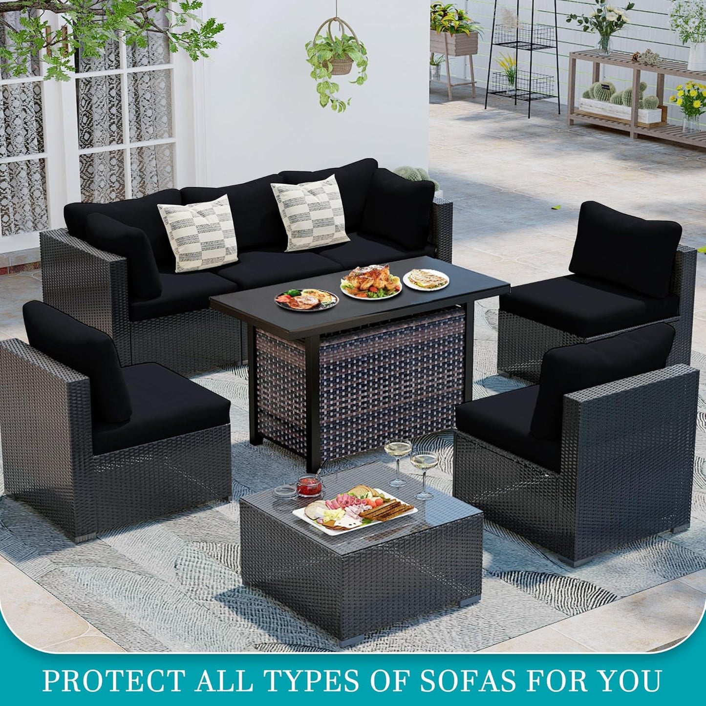 Skiennix 14 Pcs Stretch Patio Cushion Covers - Washable Outdoor Sofa Slipcovers | Black