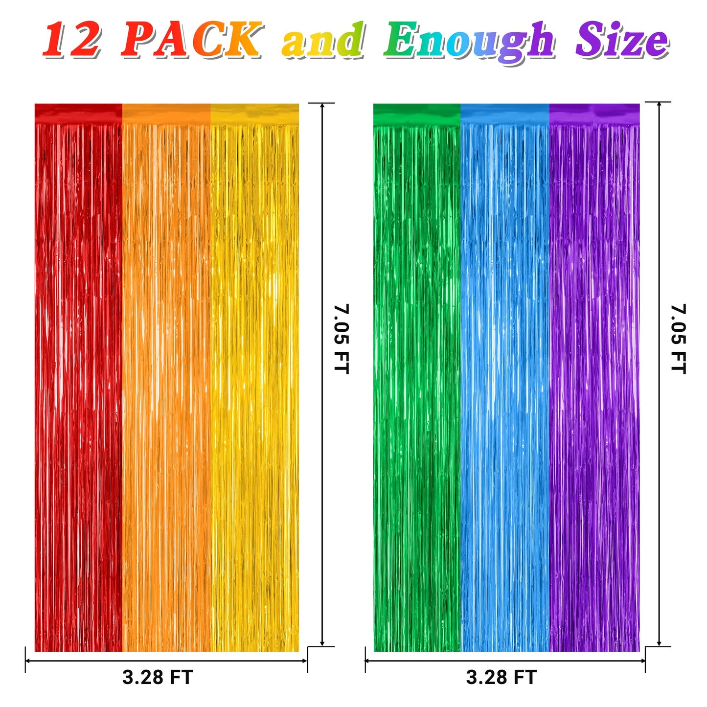 12 Pack Rainbow Backdrop, 3.28 FT x 7.05 FT Pride Decorations, Metallic Fringe Curtains Party Streamer Tinsel Backdrop, Rainbow Foil Curtains Birthday Party Decor Photo Booth Props
