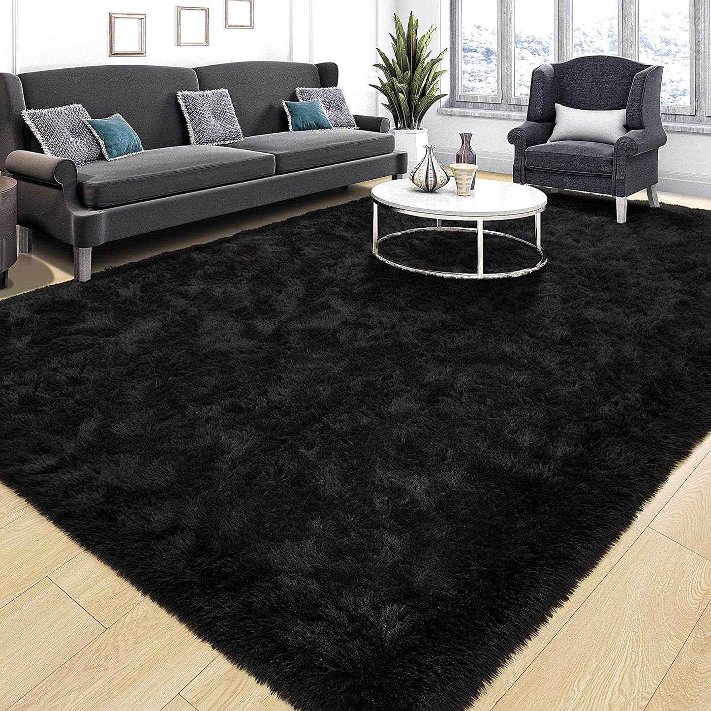 Tepook Super Soft Fluffy Rug - Modern Shaggy Fuzzy Indoor Carpet | Non-Slip, Black, 4 x 6 Feet