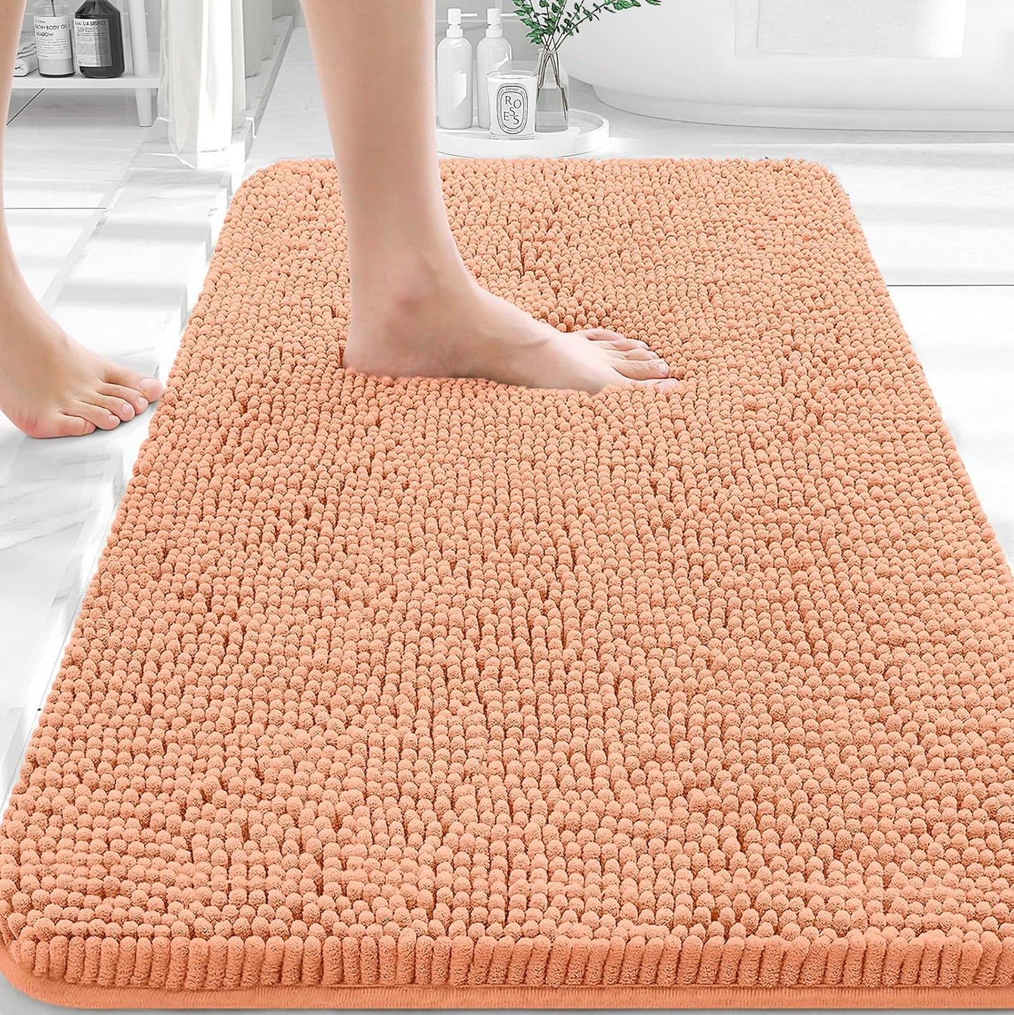 OLANLY Bathroom Rugs - Extra Soft Chenille Bath Mats | Quick-Dry, Machine Washable, 36x24, Peach