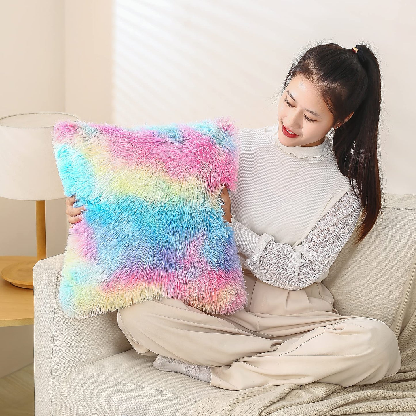 Dongchen Soft Fur Faux Fur Throw Pillow Covers Pack of 2 Peach Blush Plush Decorative Tie Dye Pink Throw Girls Pillow Covers Cute Cushion Cases Pillowcases for Sofa Couch Living Room Bedroom
