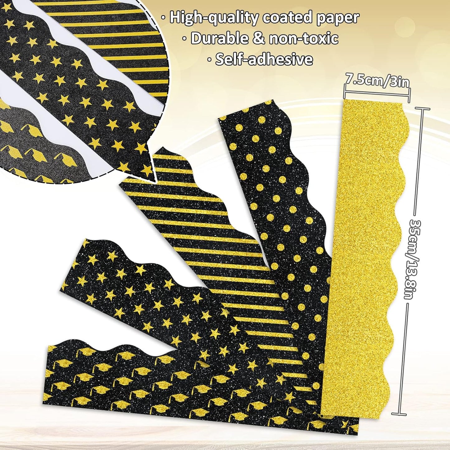 Whaline Graduation Bulletin Board Borders - Glitter Black & Gold Cap & Star Design | 69 Ft Trim for Classroom & Office Decor