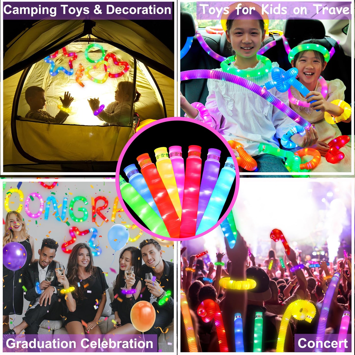 UrChoice Glow Sticks,8PCS LED Pop Tubes Party Favors,Glow Necklaces Bracelets, Light up Camping Toys ,Imaginative Play,Birthday Wedding Decorations,Tons of Ways to Play