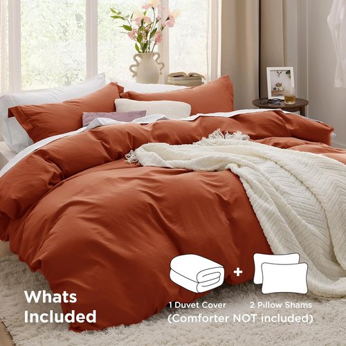 Bedsure Terracotta Duvet Cover Set - King Size 3-Piece Extra Soft Prewashed Cotton Bedding | 104x90 Inches with Zipper Closure