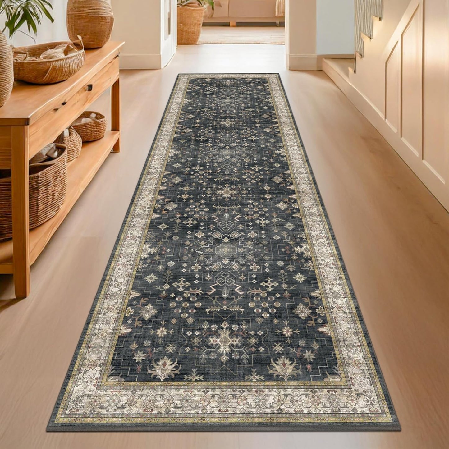 Skiennix Black Washable 10ft Runner Rug - Non-Slip Rubber Backing | Boho Vintage Design for Hallways & Kitchens