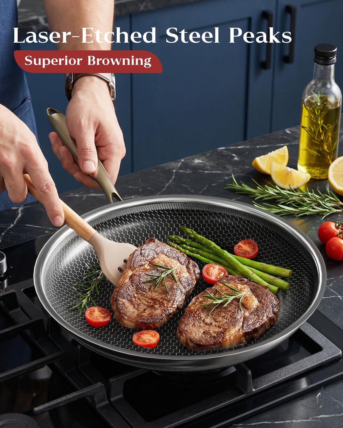 XBM Nonstick Frying Pan with Lid 12-Inch, Durable Stainless Steel Skillet, Induction Cooktop Compatible, PFOA-Free Scratch-Proof, Dishwasher & Oven Safe, Stay-Cool Handle, Silver Kitchen Cookware