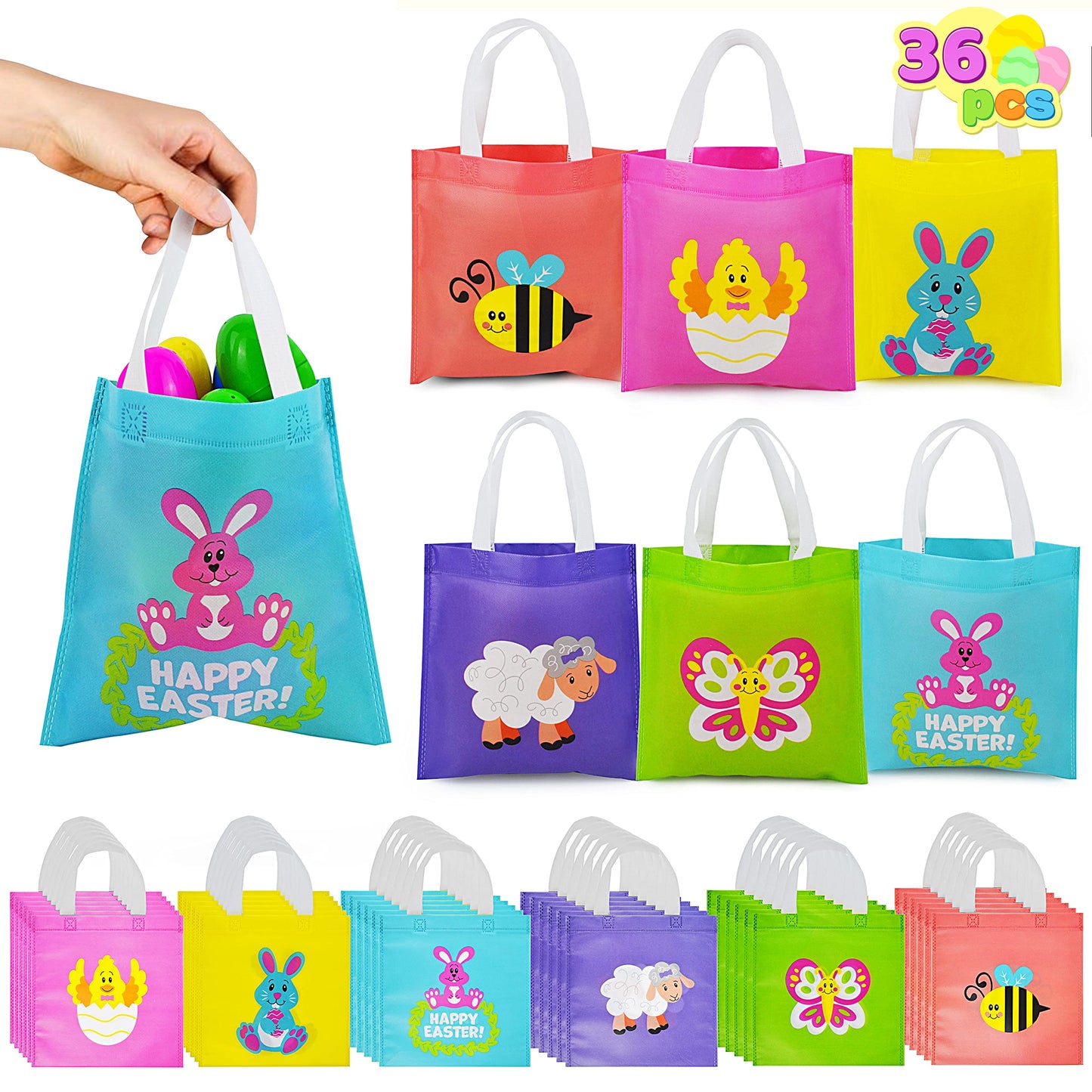 JOYIN 36 PCS Easter Gift Bags, Non Woven Easter Tote Bags with Handles Party Treat Bags for Gifts Wrapping, Egg Hunt Game, Party Supplies