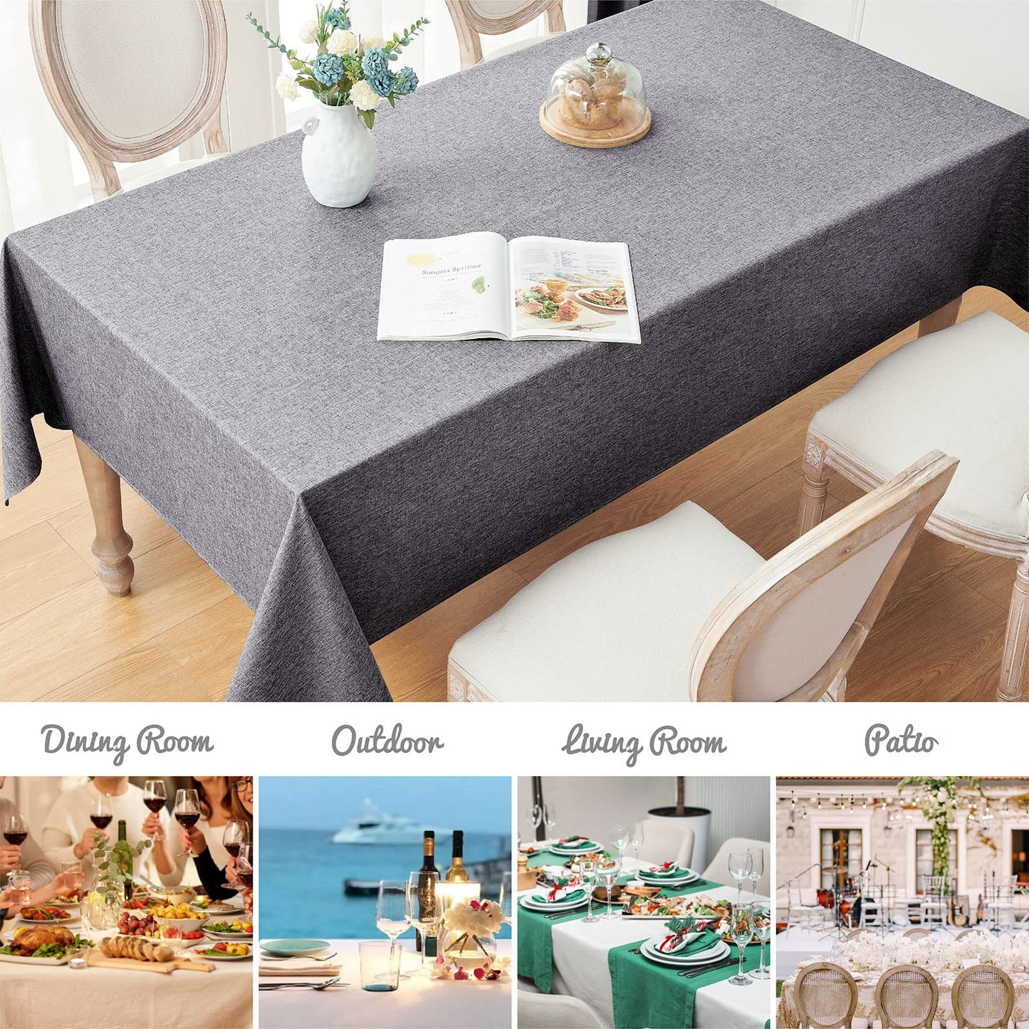 Veblandy Rectangle Tablecloth Linen Textured Waterproof & Stain Resistant Table Cloth Wrinkle Free Decorative Fabric Farmhouse Table Cover for Dining/Party/Buffet/Wedding, 60 x 144 Inch, Dark Grey