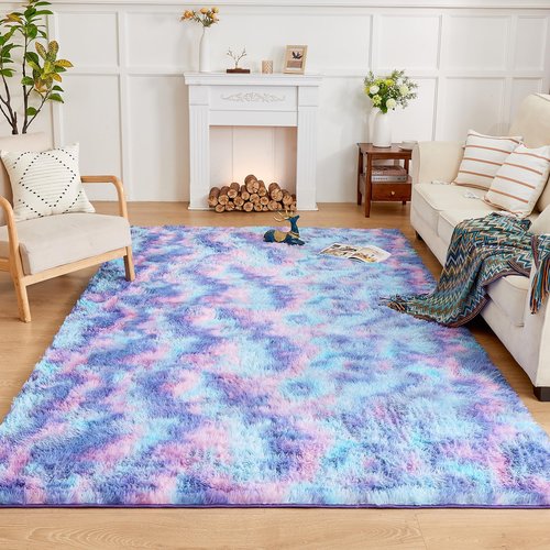 Andency 5x8 Shag Area Rug for Living Room, Tie-Dyed Unicorn Rainbow Soft Fuzzy Plush Indoor Carpets for Bedroom, Non Skid Fluffy Faux Fur Rug for Room