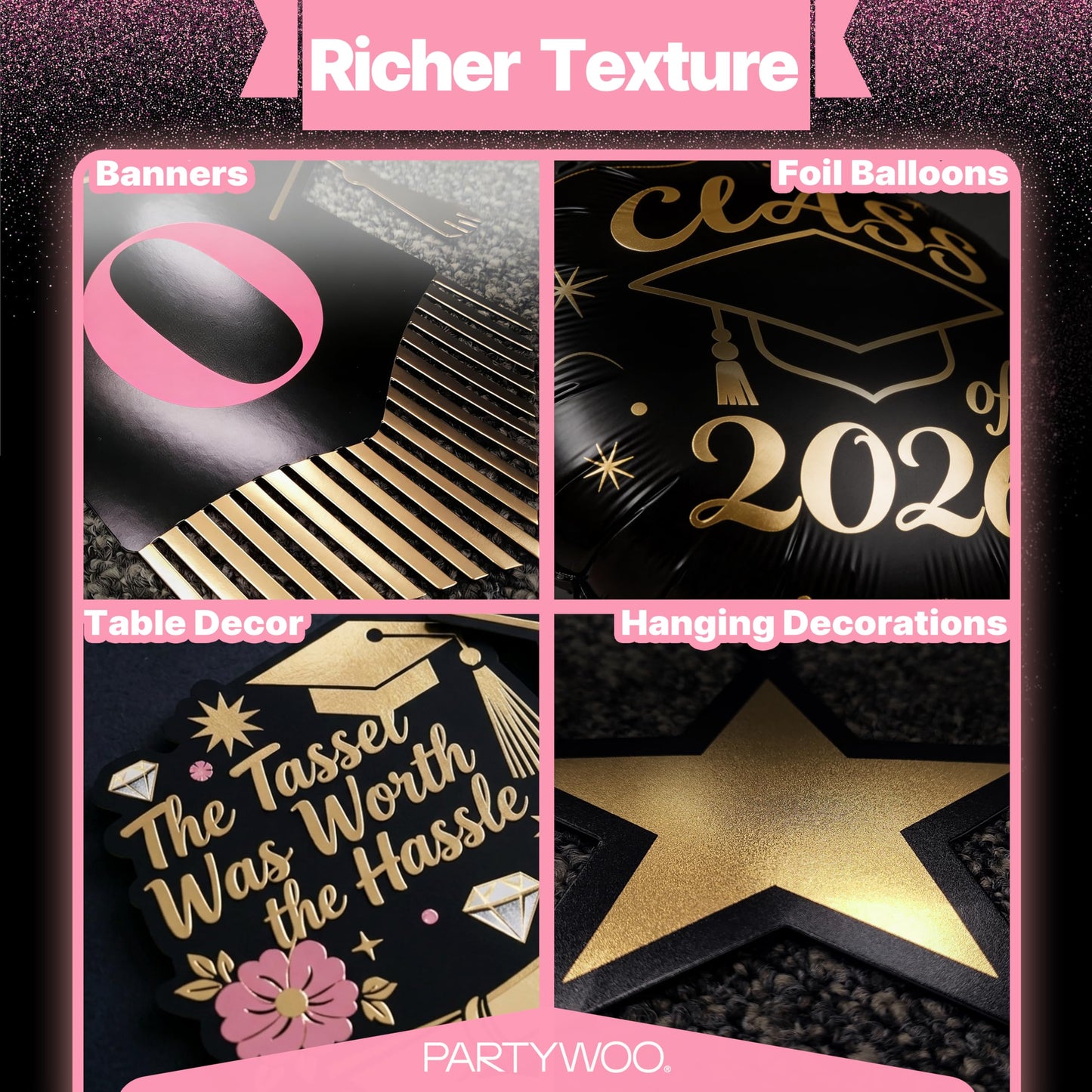 PartyWoo Graduation Decorations Class of 2026 Black Gold Pink 19pcs Grad Party Supplies with Congrats 2026 Grad Banner Hanging Swirls Foil Balloons Graduation Cap Centerpieces Party Decorations