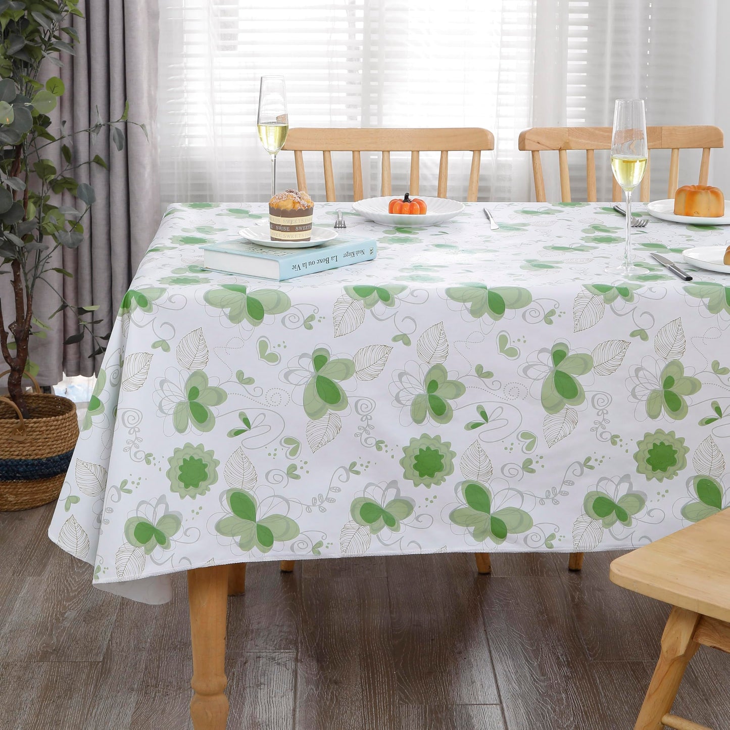 Heavy Duty Vinyl Tablecloth with Flannel Backing Waterproof Oil-Proof Plastic Table Cloth Stain-Resistant Wipeable Rectangle or Square Table Cover for Indoor and Outdoor (Floral and Leaf,60x84 Inch)