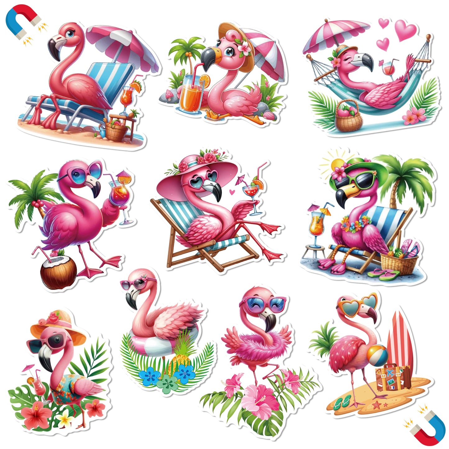JAPBOR Cruise Door Decorations Magnetic - 10PCS Summer Flamingo Cruise Magnet, Tropical Flamingos Car Ship Refrigerator Magnets Decal, Funny Hawaii Fridge Magnetic Stickers for Home Kitchen Decor