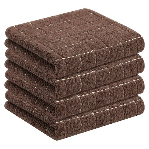 Homaxy 100% Cotton Terry Kitchen Towels(Brown, 13 x 28 inches), Checkered Designed, Soft and Super Absorbent Dish Towels, 4 Pack