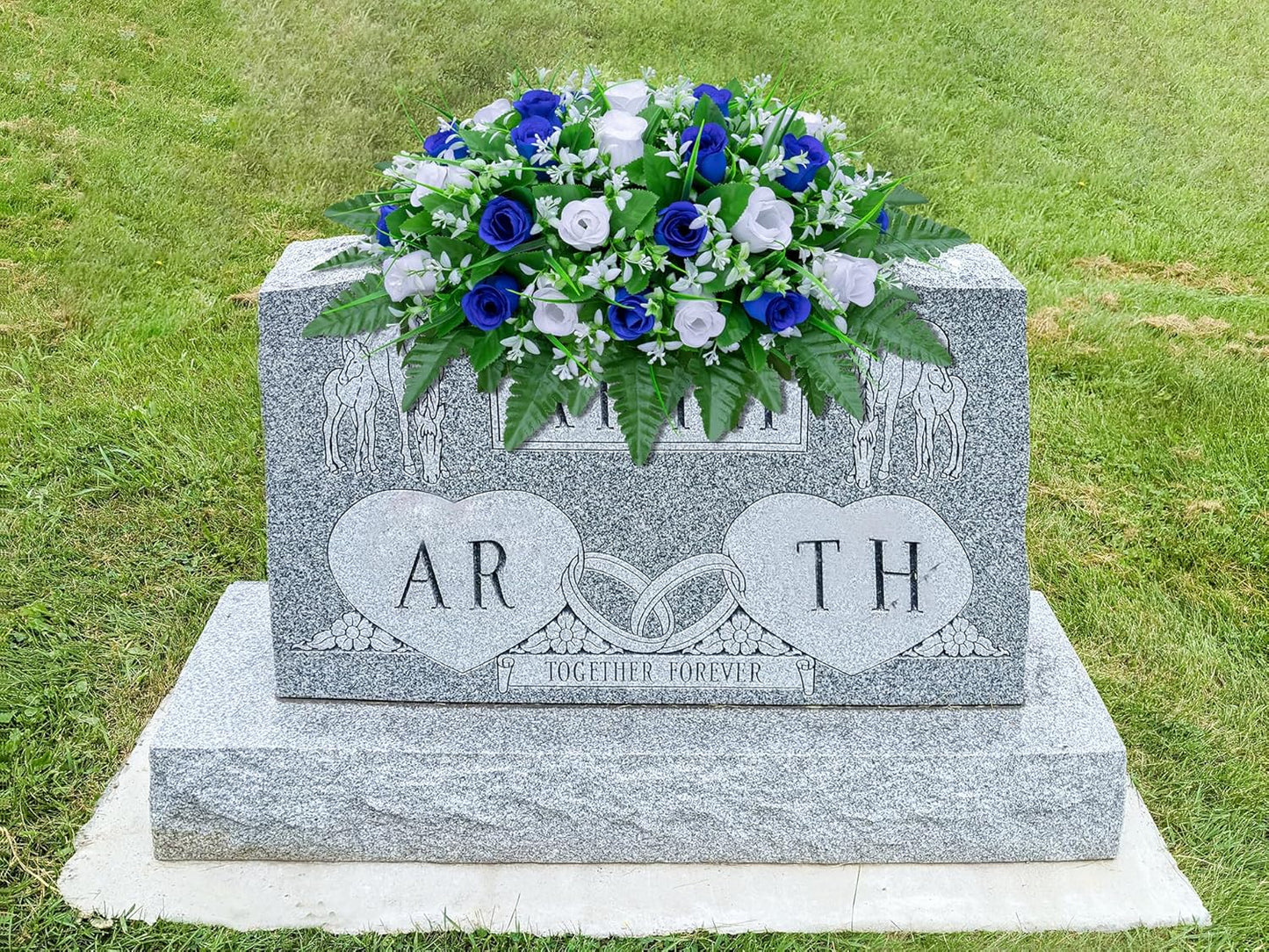 LVXINLI Artificial Cemetery Flowers - Saddle-Shaped Tombstone Decorations | UV-Resistant Blue & White