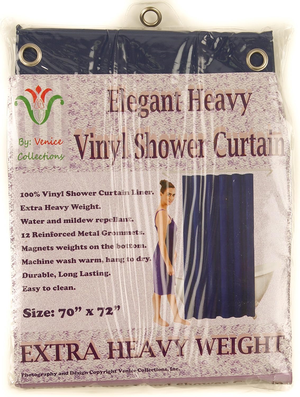 Venice Elegant Home Heavy-Duty Vinyl Shower Curtain Liner - 12 Metal Grommets | Navy Blue
