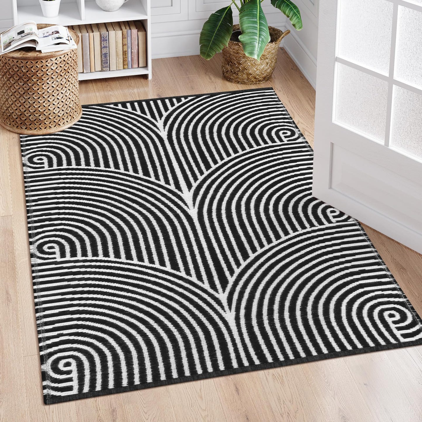 Tiffasea Outdoor Rug 4x6 ft Washable Small Outdoor Rug Porch Rugs Black and White Area Rug Cotton Woven Patio Rugs Reversible Indoor Outdoor Rug for Entryway Bedroom Living Room