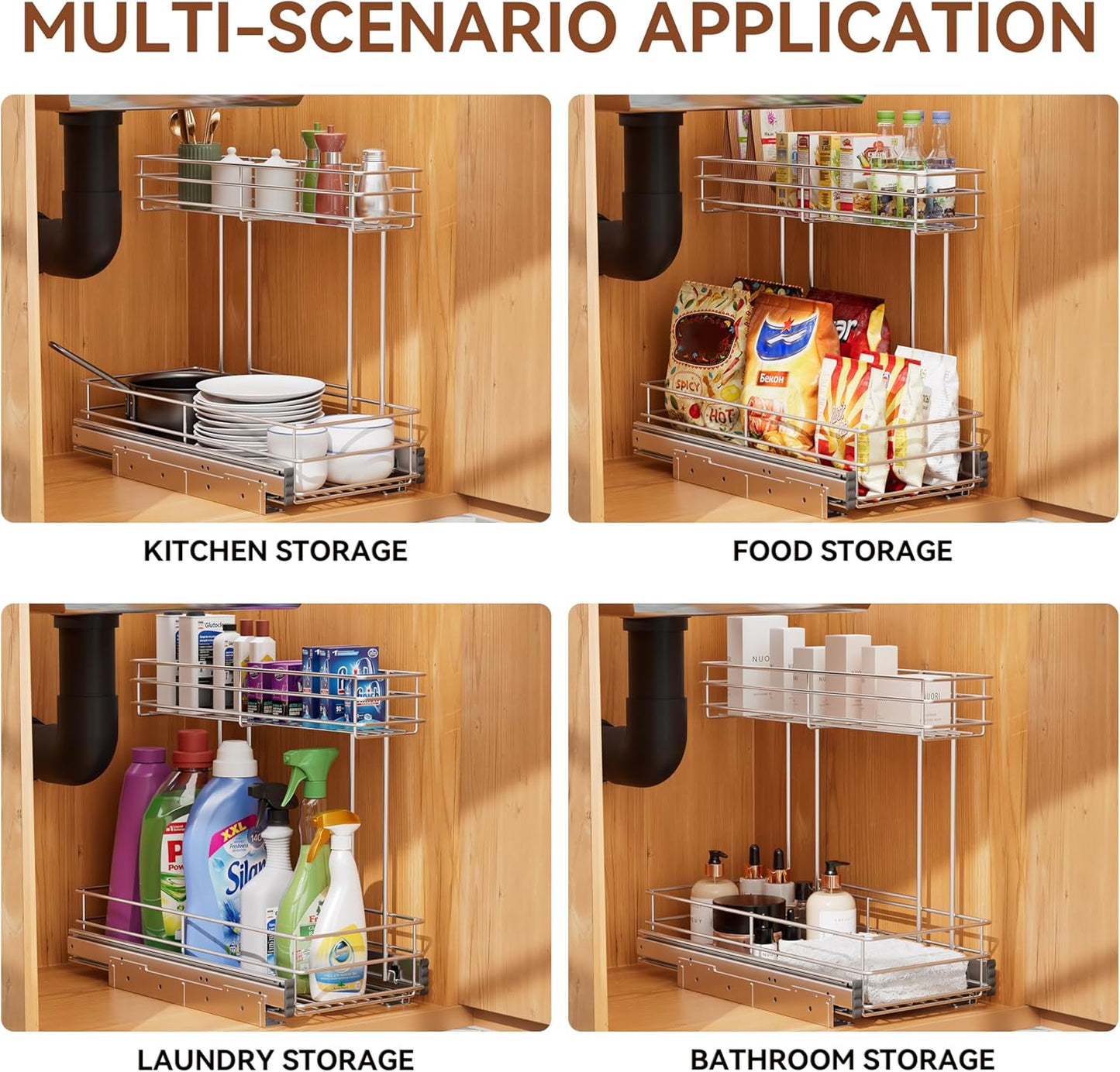 Under Sink Organizer by [Brand Name] - 2-Tier Pull-Out Cabinet Organizer | Chrome Plated, 9"W x 18.5"D