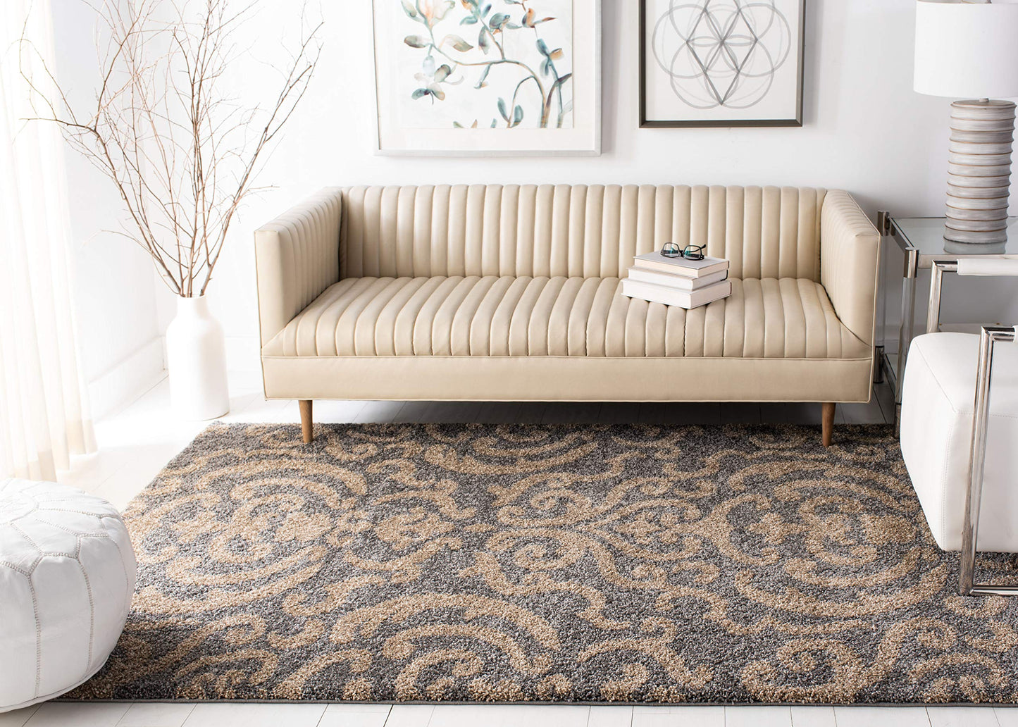 SAFAVIEH Florida Shag Collection Accent Rug - 3'3" x 5'3", Grey & Beige, Damask, Non-Shedding & Easy Care, 1.2-inch Thick Ideal for High Traffic Areas in Foyer, Living Room, Bedroom (SG462-8013)