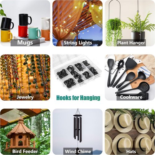 EIENHOSHI Screw Hooks - 105 Pcs in 6 Sizes for Versatile Hanging | Black Metal Cup Hooks (1/2" to 1-1/4")