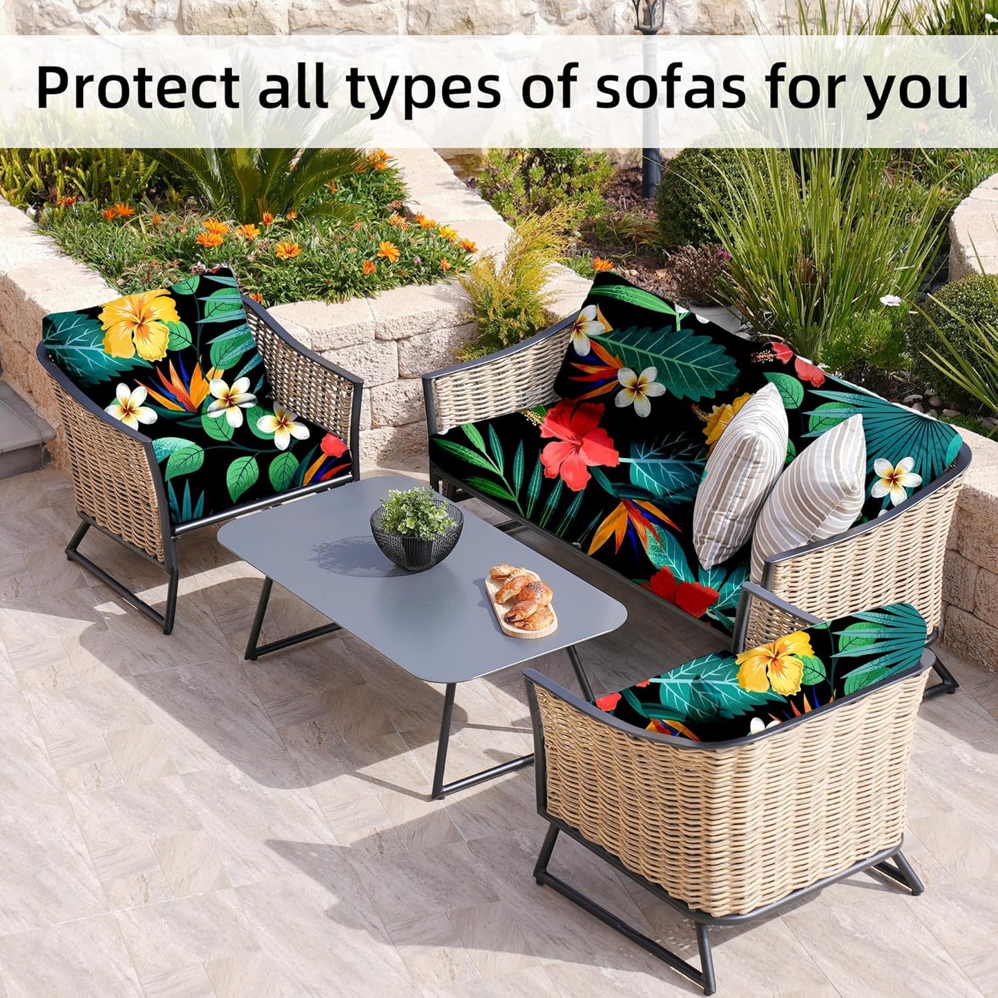 Skiennix 8-Piece Stretch Patio Cushion Covers - Washable Floral Leaf Slipcovers for Outdoor Furniture