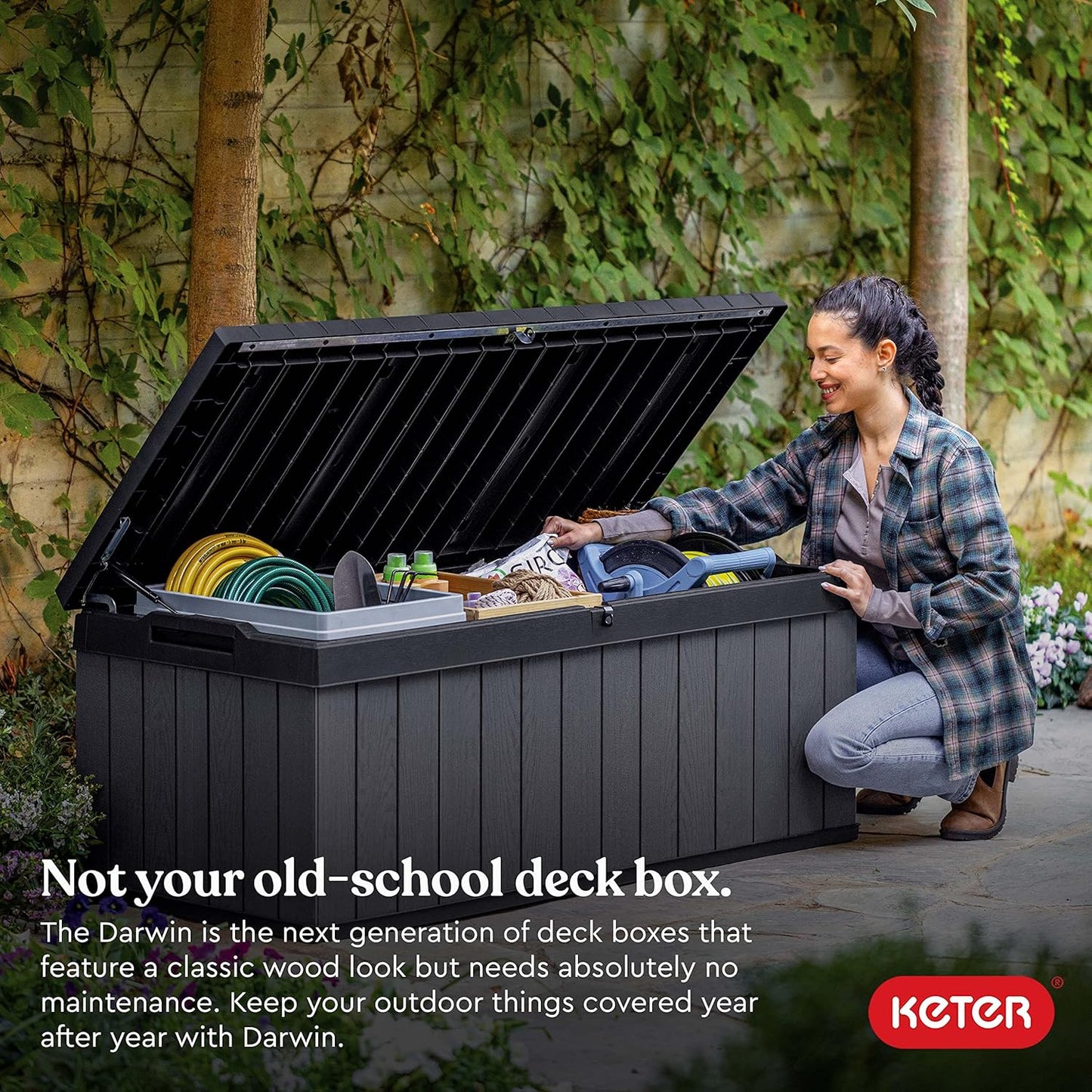Keter Darwin 100 Gallon Resin Deck Box - Outdoor Storage for Furniture, Cushions & Tools | Grey & Black