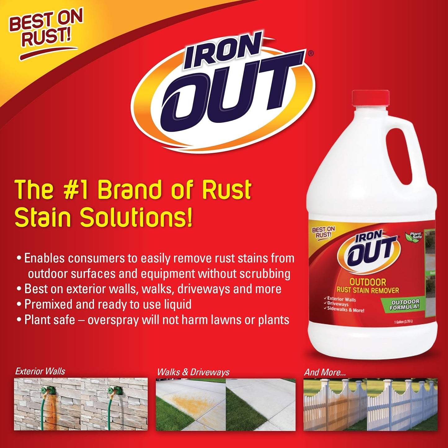 Iron OUT Liquid Rust Stain Remover, Pre-mixed, Quickly Removes Rust Stains from Concrete, Vinyl and Other Outdoor Surfaces, No Scrubbing, Safe to Use, 1 Gallon, 4 Pack