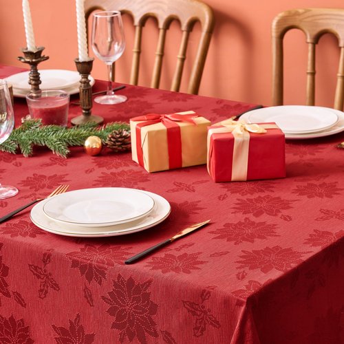 Biscaynebay Christmas Red Tablecloth Rectangle Tables 60x102 Inch-Fabric Xmas Holiday Winter Table Cloth-Jacquard Damask Poinsettia Modern Table Cover for 6 ft Kitchen Dinner Banquet Outdoor Parties