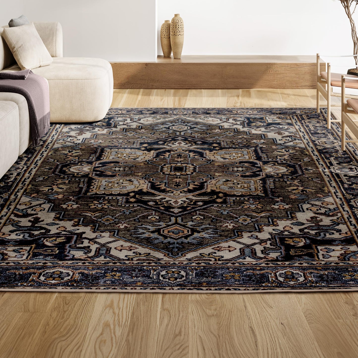 JONATHAN Y WSH105C-4 Cirali Ornate Large Medallion Machine-Washable Green/Navy/Cream 4 ft. x 6 ft. Area Rug, Easy to Clean, Non-Shedding for Home, Kitchen, Living Room, Bedroom, Dining Room