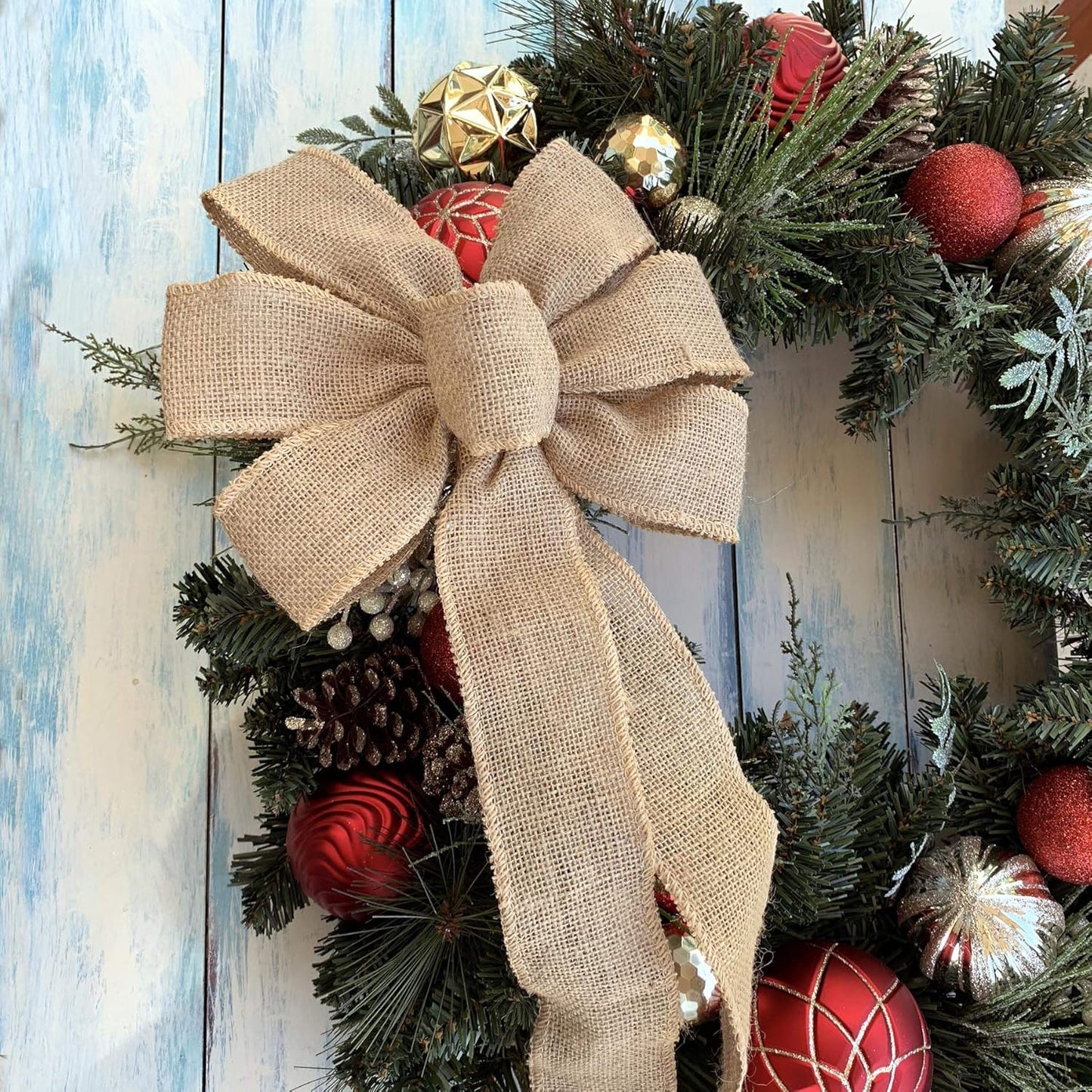 Natural Burlap Ribbon Wreath Bow - 10" Wide, 18" Long Tails for Seasonal Decor | Valentine's Day, Easter, Christmas