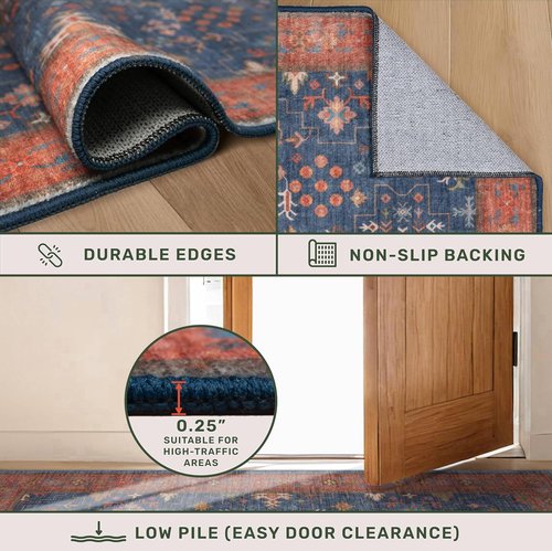 Boho Navy Blue Area Rug - Vintage Floral Design, Soft Low Pile, Non-Slip & Stain Resistant | 10x14 for Living Room & Dining Room