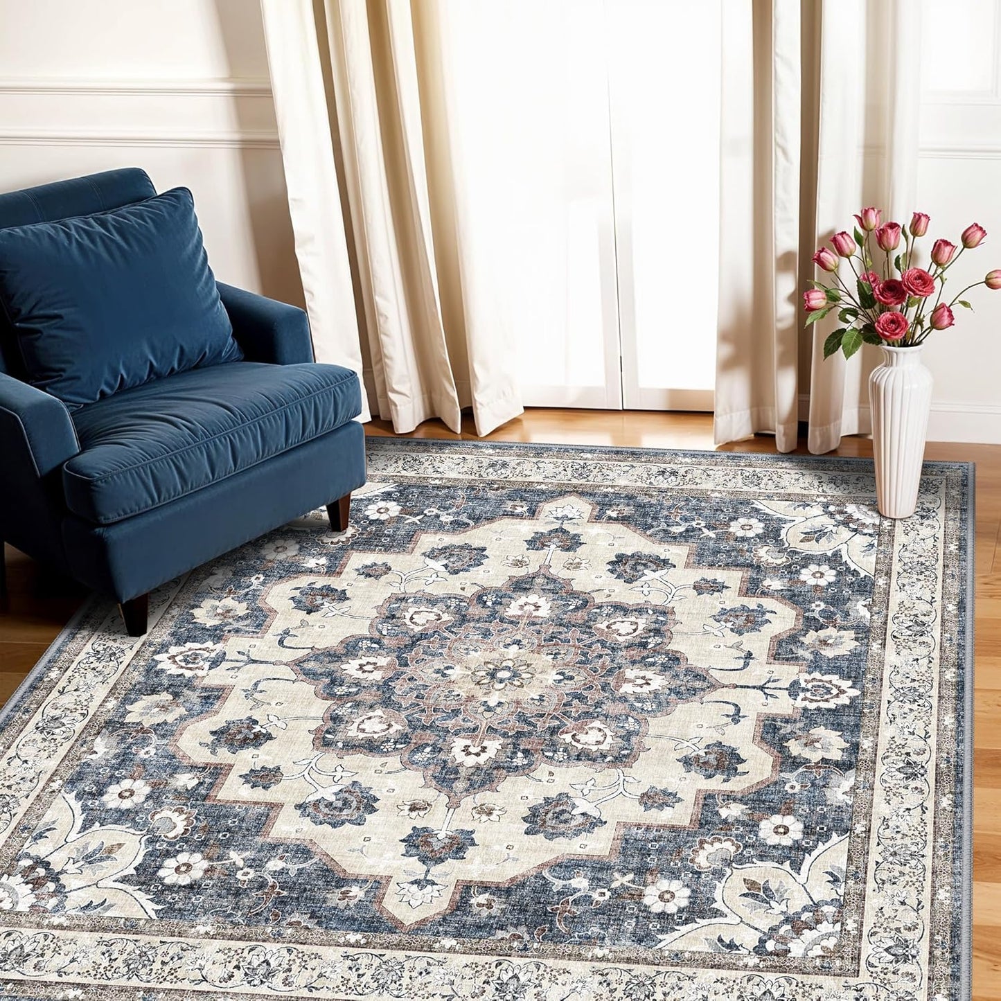 Regine Switzerland Washable 4x4 Square Area Rug - Ultra Thin, Soft, Non-Slip Carpet for Living Room & Bedroom | Stain Resistant, Cozy Blue Mat