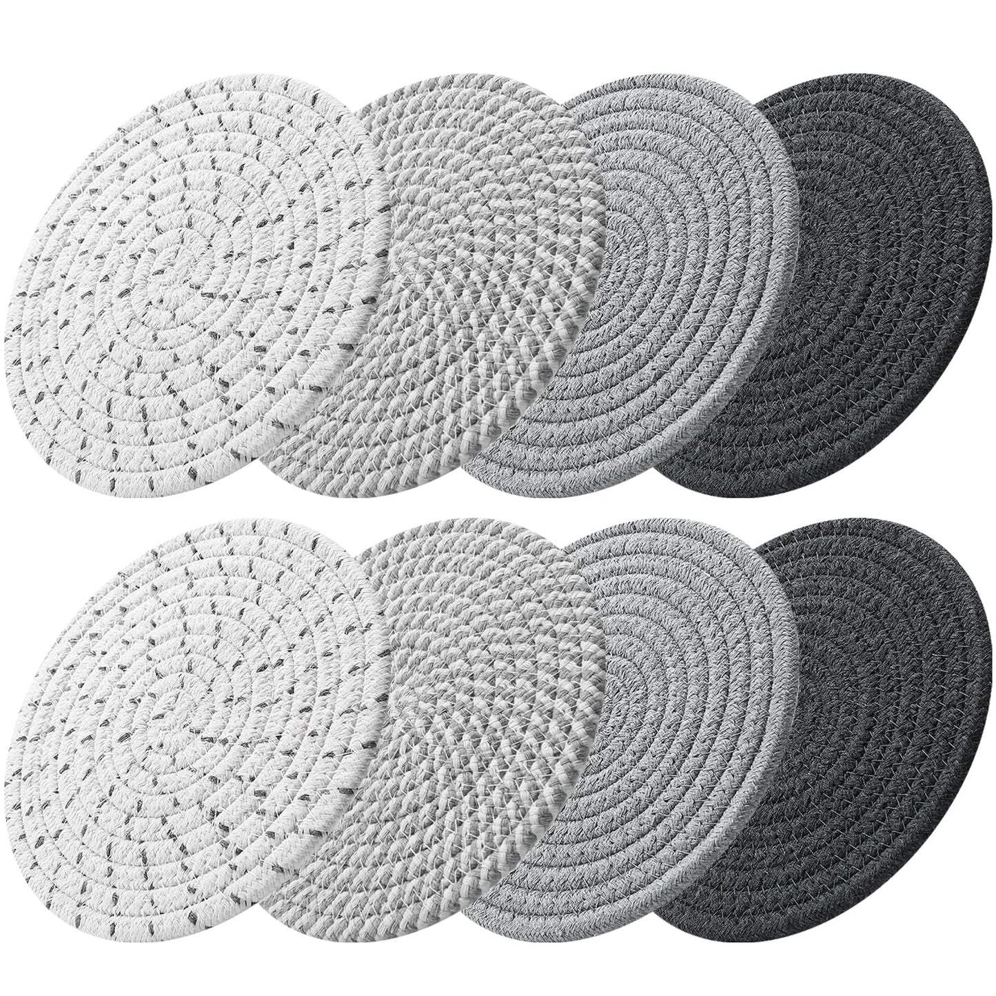 ME.FAN 8 Inch Trivets for Hot Dishs, 8 Set Cotton Thread Weave Trivets for Hot Pans, Potholders, Large Coasters, Hot Pads, Hot Mats to Protect Desktop & Countertop, Kitchen Essentials Grey