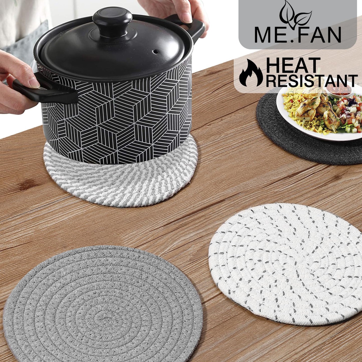 ME.FAN 8 Inch Trivets for Hot Dishs, 8 Set Cotton Thread Weave Trivets for Hot Pans, Potholders, Large Coasters, Hot Pads, Hot Mats to Protect Desktop & Countertop, Kitchen Essentials Grey