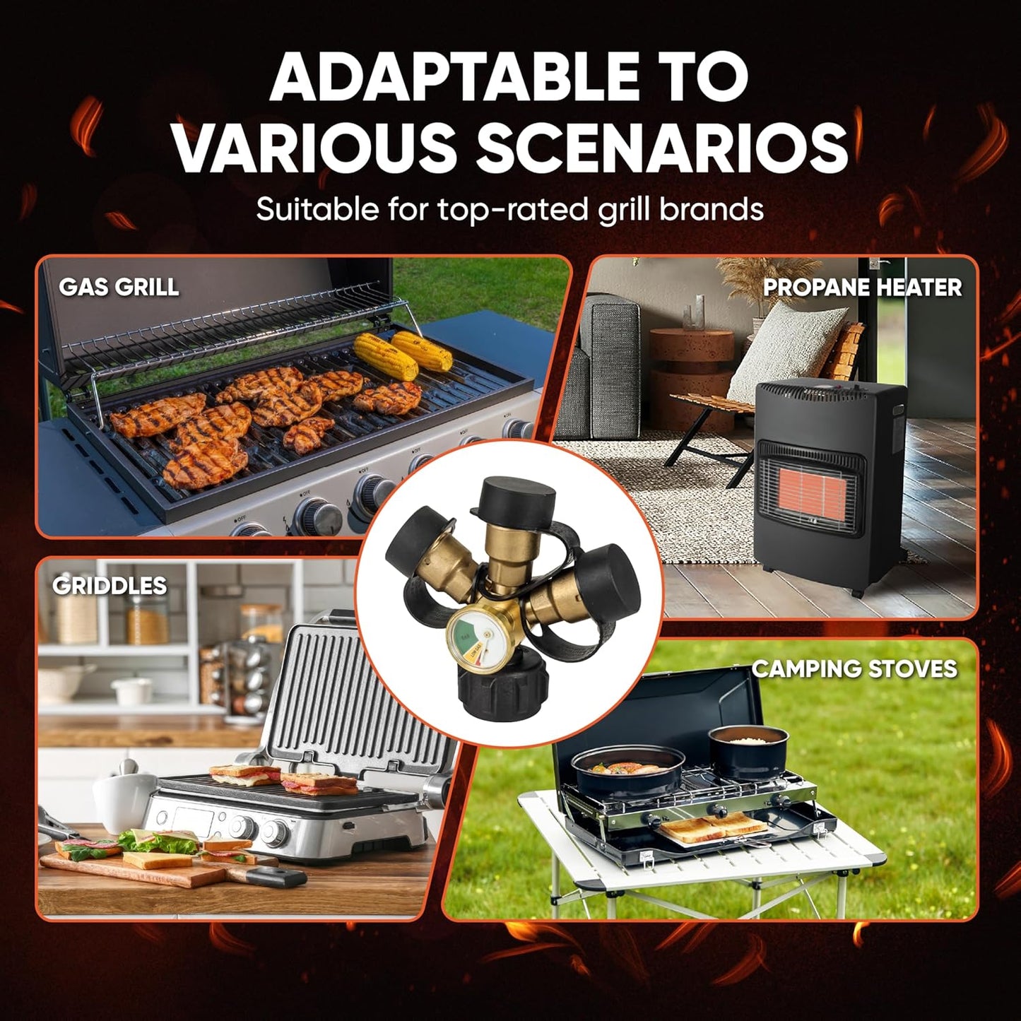 QCC1 Propane Splitter - 3-Way Adapter with Gauge & Shut-Off Valves for BBQ Grills & Heaters