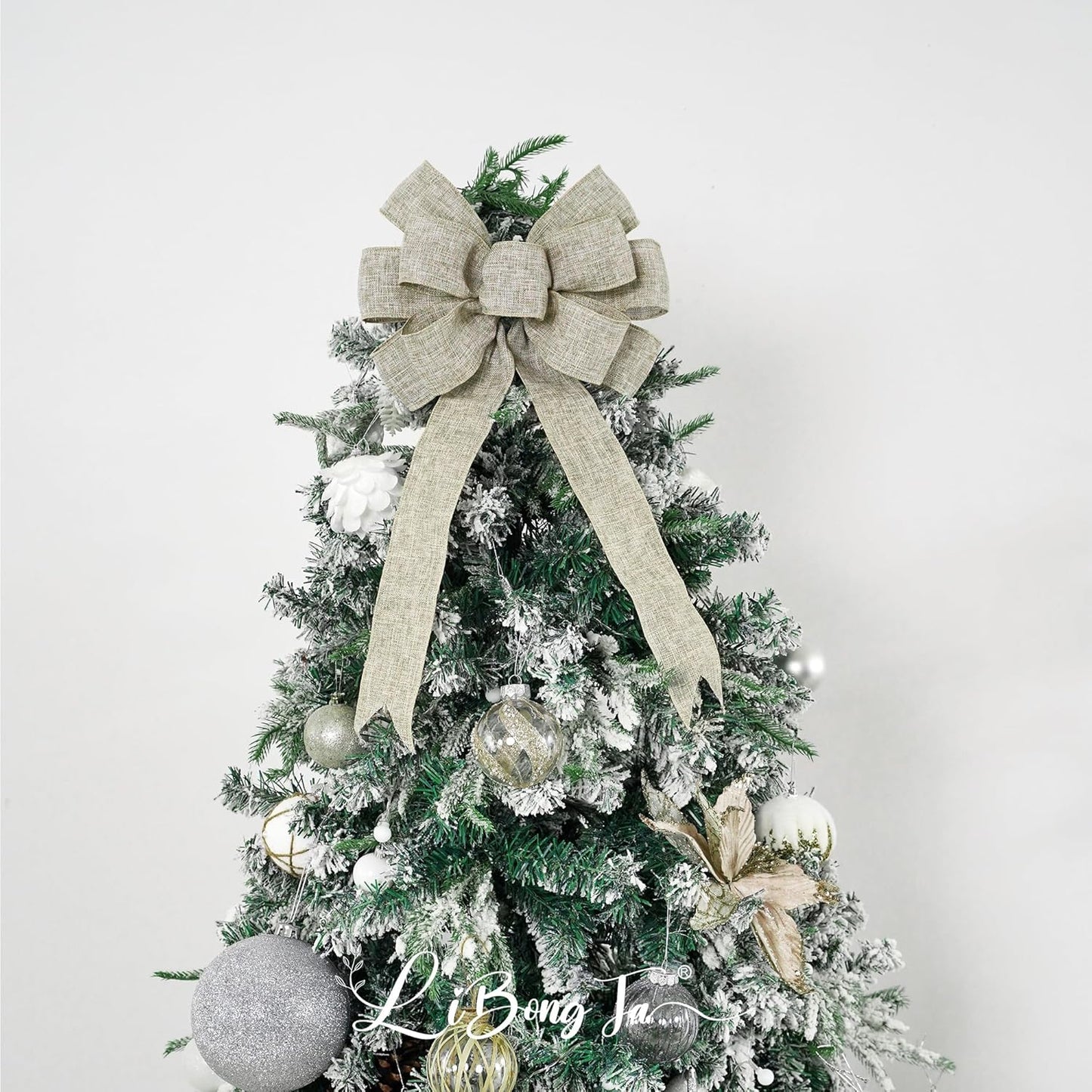 Skiennix 13" Burlap Wired Ribbon Bow | Rustic Christmas Tree Topper & Party Decoration - Large Gift Bow