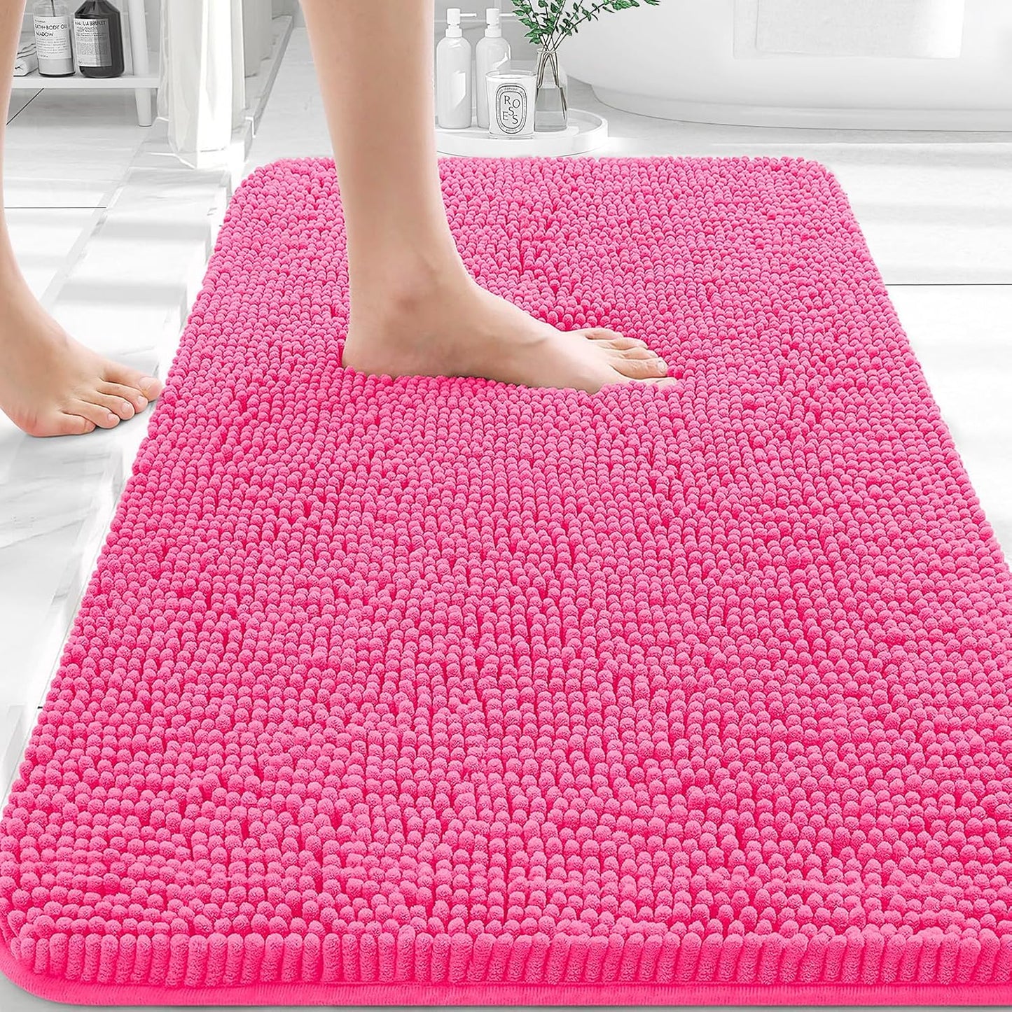 OLANLY Bath Rugs - Extra Soft Chenille with Rubber Backing | Quick Dry, Machine Washable, 30x20, Hot Pink