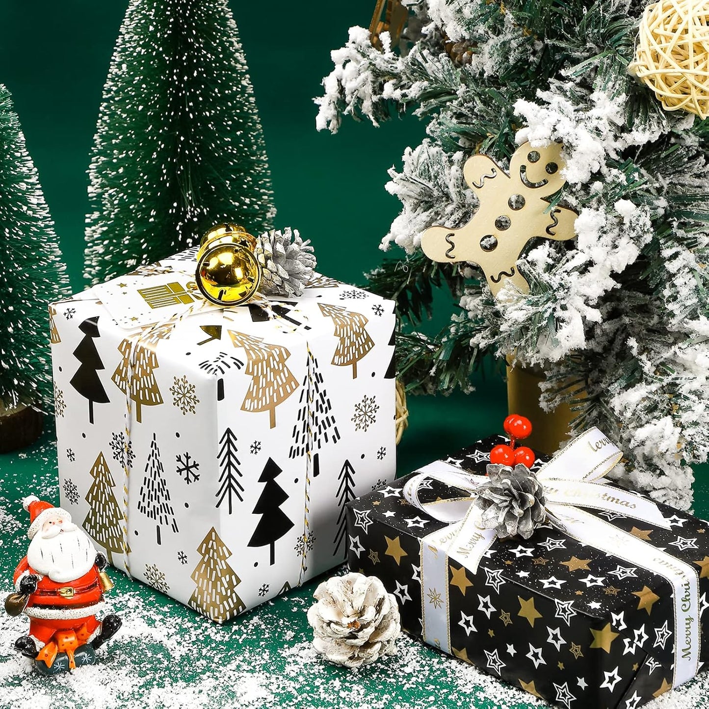 MAYPLUSS Wrapping Paper Roll - Mini 17" x 120" - 3 Elegant Black Gold Christmas Designs