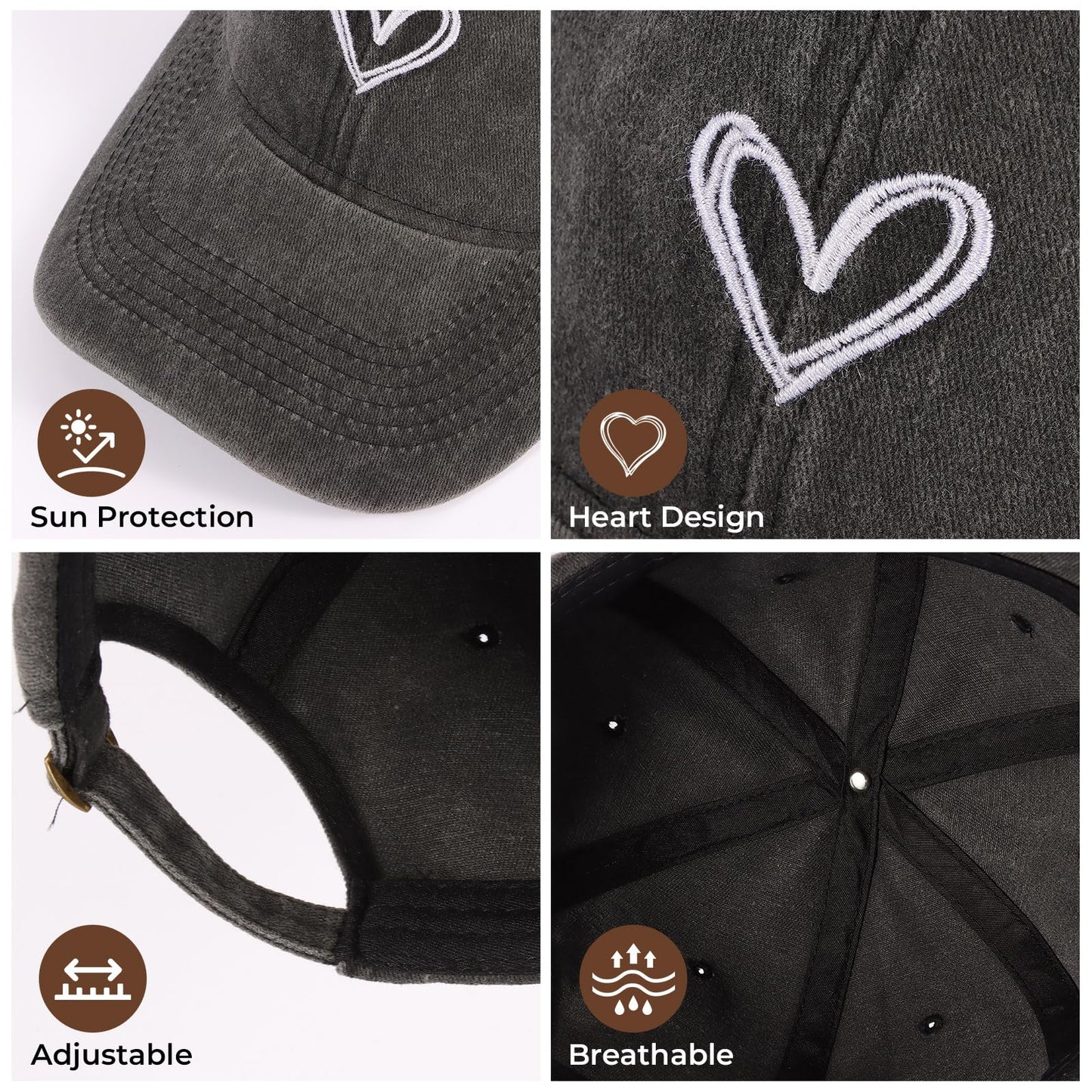 ANLIOTO 2 Pack Heart Baseball Caps for Women Men, Cute Adjustable Washed Sun Hats for Outdoor Running Golf Black Grey