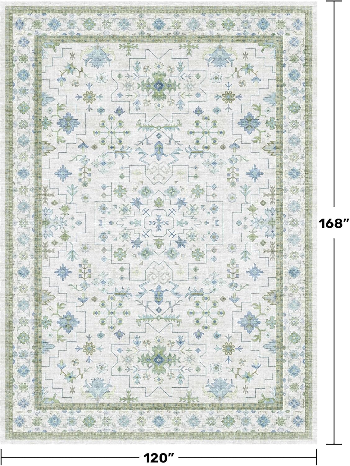 Oushak 10x14 Rug - Washable Boho Extra Large Non-Slip Soft Faux Wool Carpet | Cream, Blue & Green Floral Design